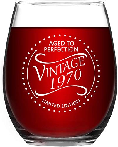 Ouniaodao-Glass Copa de Vino sin Tallo de 70 años de Edad, Estilo Vintage, para Hombre y Mujer, 15 onzas, Ideal para Regalar a su Padre, Esposa, huaband, Vidrio, 70 años, 15 Oz