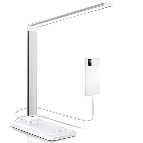 PENDEI Lámpara Escritorio LED, Lámpara de escritorio con puerto de carga USB, 5 modos de iluminación de color, 5 niveles de brillo, control táctil, temporizador automático, lámparas (Plateado)