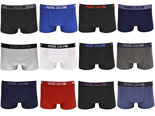 Pierre Calvini - Calzoncillos tipo bóxer, pack de 12 unidades, talla S, M, L, XL, XXL, algodón, calzoncillos de hombre en 12 modelos, Basic Boxer Negro, gris, azul marino, rojo, blanco y azul. L