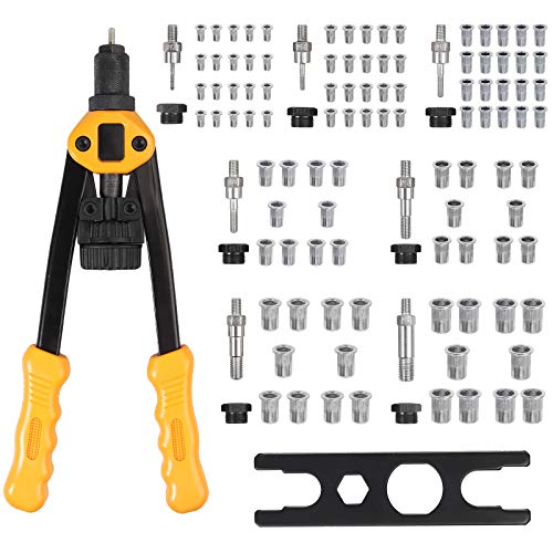 Pistola Remachadora Manual Remachadora de Mano Herramientas de Remache para Tuercas Remachables con 100 Tuercas M3 M4 M5 M6 M8 M10 M12 – Amarillo