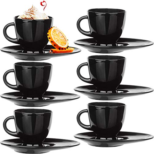 PLATINUX Juego de 6 tazas de café con mango y platillo alargado, color negro