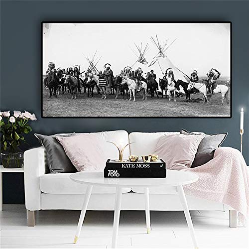 PLjVU Cuadros indígenas en Blanco y Negro de Salas de Estar en Caballos pintando Carteles e Impresiones en Lienzo Arte navian Wall-Sin marco40x80cm