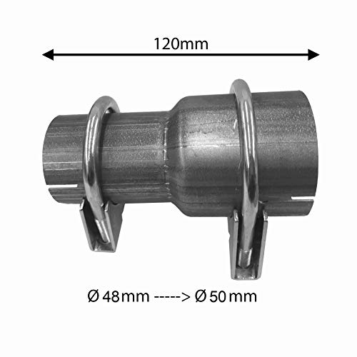 Reductor de tubo de 48 mm de diámetro a 50 mm de diámetro, adaptador de tubo de escape, 2 x M8, abrazadera reductora, reducción de la pieza de conexión, tubo de escape