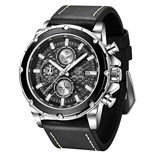 Relojes Hombre BENYAR Cronografo 3AMT Impermeable Movimiento Cuarzo Relojes de Pulsera de Cuero Militar Diseño Casual de Negocios Regalo Elegante para Hombre