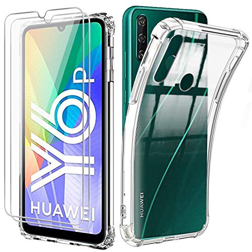 Reshias Funda para Huawei Y6p con Dos Cristal Templado Protector de Pantalla, Suave TPU Transparente Gel Silicona Anti-caída Protectora Carcasa para Huawei Y6p 2020 (6.3 Pulgadas)