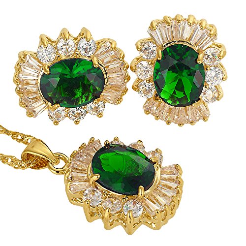 Rizilia Conjunto de Joyas Colgante con 45cm(18") Cadena & Stud Pendientes Corte Oval Piedras Preciosas Circonita CZ [Esmeralda Verde] en 18K Chapado en Oro Amarillo, Elegancia Moderna Sencillo