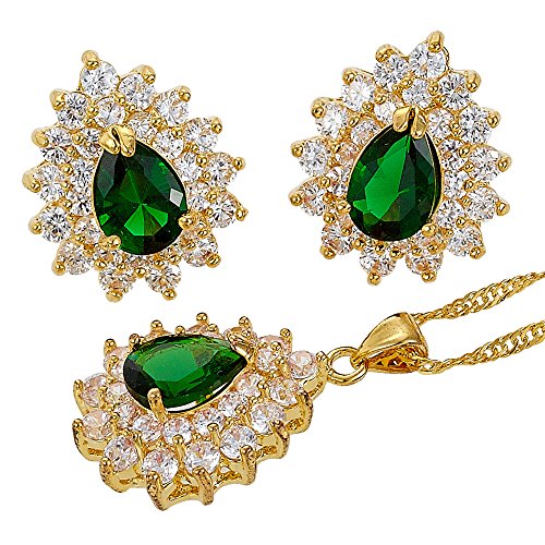 Rizilia LÁGRIMA Conjunto de Joyas Colgante con 45cm(18") Cadena & Stud Pendientes Corte de Pera Piedras Preciosas Circonita CZ [Esmeralda Verde] en 18K Chapado en Oro Amarillo, Elegancia Moderna