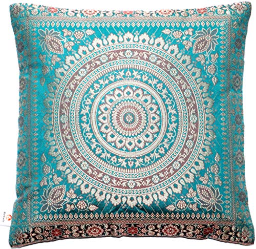 Ruwado Funda de cojín tejida a mano y hecha a mano de seda india Banarasi decorativa funda de cojín para sofá, decoración de sofá, diseño de mandala, 40 x 40 cm, color turquesa y verde