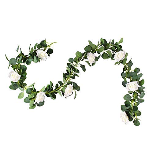 SBDLXY Guirnalda de eucalipto (8 Piezas de Rosas Blancas Entre Hojas de eucalipto), Guirnalda de Flores para decoración de Fondo de Arco de Boda, Camino de Mesa, Banquete, decoración del hogar, DEC