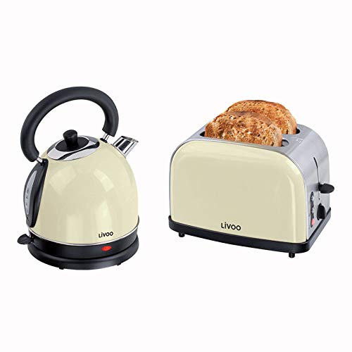 Set de desayuno tostadora de agua vintage – hervidor de agua retro eléctrico beige 1,8 litros 1800 W – 2 rebanadas tostadoras de acero inoxidable 900 W termostato 5 niveles