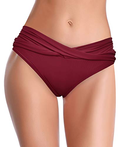 SHEKINI Mujer Bañador Sexy Bañador de Media Altura Cintura Plisada Pantalones de Playa (M, Vino Tinto)