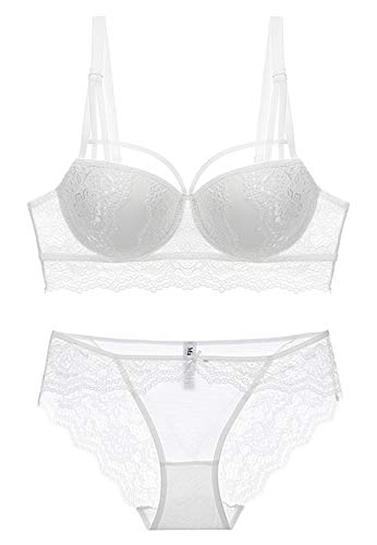 SHEKINI Mujer Conjunto de Lencería de Encaje Sujetador con Aros Push up Decoración de Cinta Pequeña y Encaje Floral Bragas(Blanco,38C)