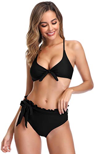 SHEKINI Top de Tubo para Mujer Parte Posterior Inferior Bikini Arco Cintura Media Orejeras Traje de baño Cinturón de Lazo Desmontable Conjunto de Traje de baño (S, Negro)