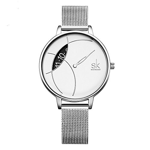 SHENGKE- Reloj de Pulsera para Mujer, Correa de Malla, Elegante, para Mujer, Estilo Simplicidad (K0091-silver-mesh Band)