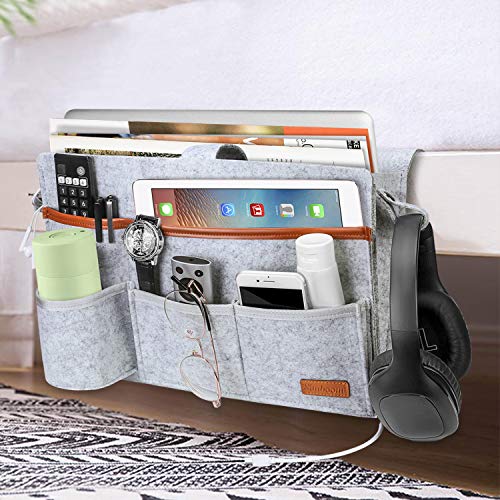 SIMBOOM Bolsillo para Cama, Organizador de Cama de Fieltro con Orificios para Cables para Teléfono, Libro, Remoto, Magzine, iPad, Gafas - Gris Claro