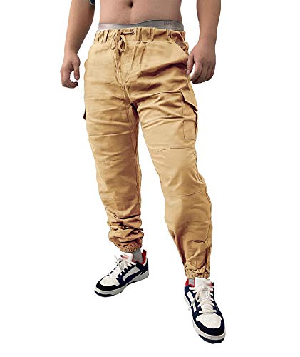 SOMTHRON Hombre Cinturón de Cintura elástico Pantalones de chándal de algodón Largo Jogging Pantalones de Carga Deportiva de Talla Grande Pantalones Cortos con Bolsillos Pantalones (KH-L)