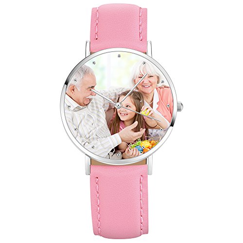 SOUFEEL Reloj Personalizado Foto y Grabado Caracteres Banda Cuero Impermeable Ultra-Delgada Clásico Regalo para Familia Mujer Novia Bebe Nuevo con Caja Elegante