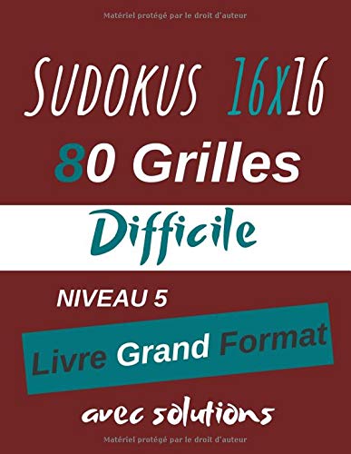 Sudokus  16x16 80 Grilles Difficile Niveau 5 Grand Format  Avec Solutions.: 4 Autres Niveaux Disponibles dans la Même Collection de Livres de Jeux Logiques. (Un, Deux, Trois Sudokus Géants 16 x 16)