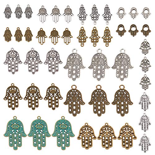 SUNNYCLUE 48Pcs 16 Styles Hamsa Hand of Fatima Symbol Charms Colgantes Resultados de la Joyería Accesorio para DIY Collar Pulsera Crafting Supplies Sin Cadmio Y Sin Níquel Y Sin Plomo