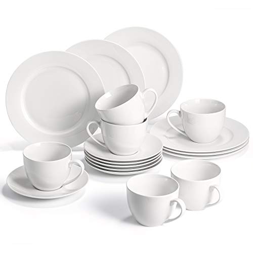 SUNTING Juego de café de porcelana, serie clásica, moderna y redonda, color blanco, juego de 6 platos de postre, 6 tazas de café, 6 platillos, vajilla de café duradera para 6 personas