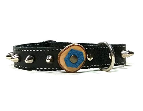 Superpipapo Original Collar para Perro de Cuero Negro con Pinchos, Todas Las Tallas, Correa Opcional, Diseño Original Artesano con Olivo y Cuero Azul, Mediano, 45 cm M -Cuello 35-40 cm, Ancho 20mm