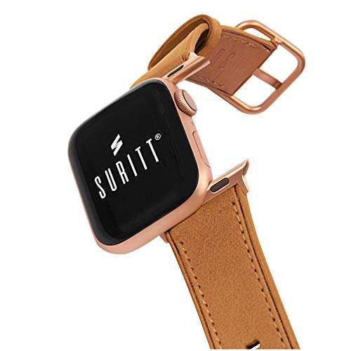 Suritt ® Correa para Apple Watch de Piel Rio (6 Colores Disponibles). 3 Colores de Hebilla y Adaptador para Elegir (Negro - Plata - Oro)(Series 6, SE, 5, 4, 3). (42mm / 44mm, Saddle Brown/Gold)