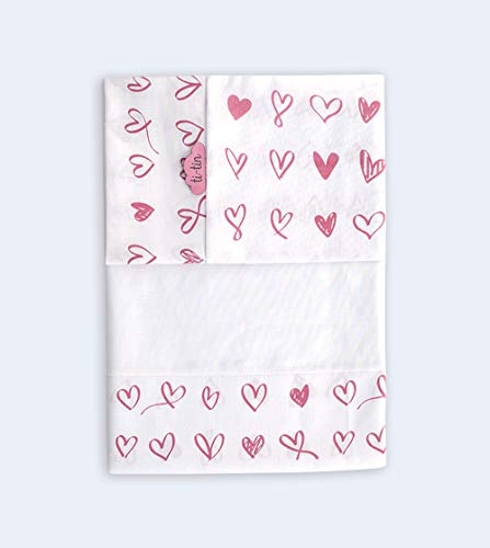 TI TIN Conjunto de tres piezas de sábanas para cuna de 70x140 cm | Estampado de CORAZONES color rosa | Cuna de 60 x 120cm | 100% Algodon con 3 Piezas.