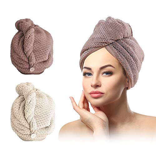 Toalla Turbante,Toalla Pelo,Turbante Toalla Wrap,Toalla para el Cabello,Toalla para la Cabeza con botón de Microfibra de Secado rápido - 2 Piezas