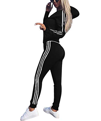 udaderas Mujer Conjunto de Chándal de Mujer Camisas Fitness Manga Larga Casual Jersey Chaqueta Hoodie&Pantalones (Negro, Large)