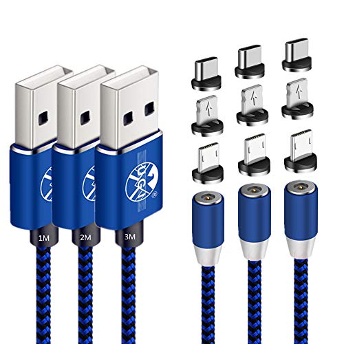 UGI Paquete de 3 Cables de Carga magnéticos con 6 Conectores, Cable Micro USB/i-Product/Type C Trenzado 3 en 1 Compatible con teléfonos y tabletas Sumsang iOS Huawei Xiaomi -1M+2M+3M/Azul