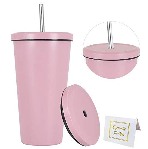 Vaso aislado de 17 oz, vaso delgado de acero inoxidable rosa de doble vacío con tapa y pajita, taza de viaje irrompible para exteriores de gran capacidad para bebidas frías o calientes