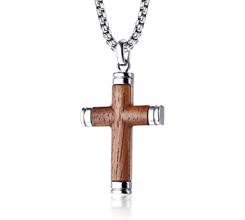 VNOX de Dos Tonos de Acero Inoxidable Brasil Rosewood Madera Cristiana Bautismo Jesús Cruz Colgante, Collar para Hombres, 24"Cadena Rolo