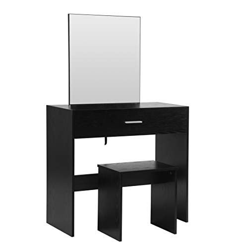 WOLTU Tocador Mesa de Maquillaje Tocador con 1 Espejo y 1 Taburete Cajones MDF y Madera de Pino Macizo Negro MB6043sz