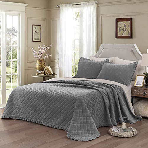 WONGS BEDDING Colcha Acolchada Gris Doble 3 Piezas Reversible Patchwork Velvet Edredón Colcha Colcha con 2 Fundas de Almohada para la decoración del hogar Ropa Cama de Microfibra suave220 * 240 cm