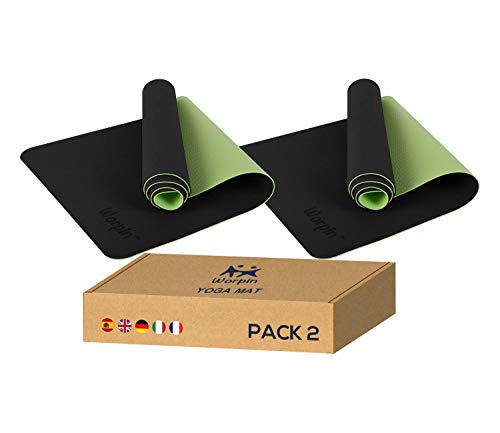 WORPIN, Pack x2 Esterilla Deporte Yoga Pilates Fitness Colchoneta Gimnasia Antideslizante, 183x61cm con Funda y Correa de Hombro, Material TPE ecologico, Alfombra Deporte, Yoga, Facil Limpieza