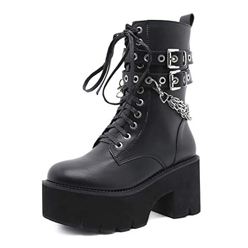 XIALIUXIA Botas para Mujer, Botas De Plataforma Gruesa con Cordones Botines De Tacón Alto con Cordones con Cremallera Lateral Botas,35