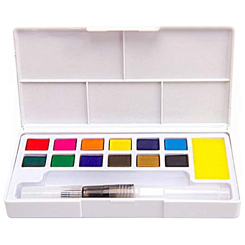 Xkfgcm Bloques de Acuarela de 12 Colores Estuche Acuarelas Multicolor Set de Pintura de Acuarelas Compuesto 1 Pinceles con Depósito de Agua de Paleta Pintar Dibujo Colorido Dibujo 145 * 76 * 20 mm