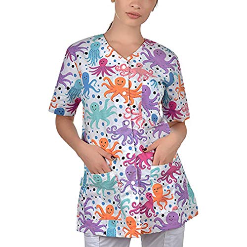 YANFANG Blusa con Cuello en V de Manga Corta para Mujer Blusa Casacas Sanitarias Mujer Manga Corta con Botones a presión con Estampado de Dibujos Animados Uniforme de Trabajo Camisetas