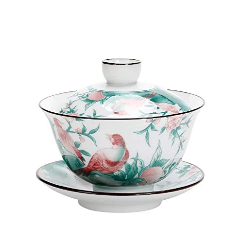 YANGYANG Jingdezhen Gaiwan Multicolor Rama pájaro sopera Taza de cerámica con Tapa Juego de platillo Cuenco de té decoración artesanía Regalo Teaset