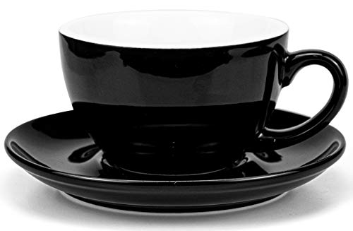 Yesland Taza de café y platillo de 300ml, tazas de cerámica con capuchino negro brillante con platillos para cafetería y barista, perfecto para especialidad café bebidas, latte, café moca y té