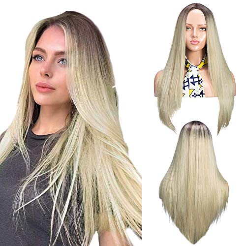 YMHPRIDE 22 pulgadas Ombre pelucas rubias moda marrón oscuro raíz mezcla rubia sintética larga recta parte media peluca para mujeres