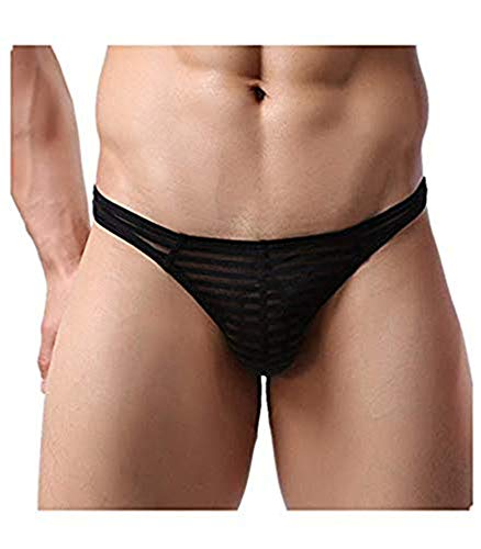 Yomie Tanga para Hombres Malla con Rayas Transparentes Slips Bragas,Negro, L (talla fabricante XL)