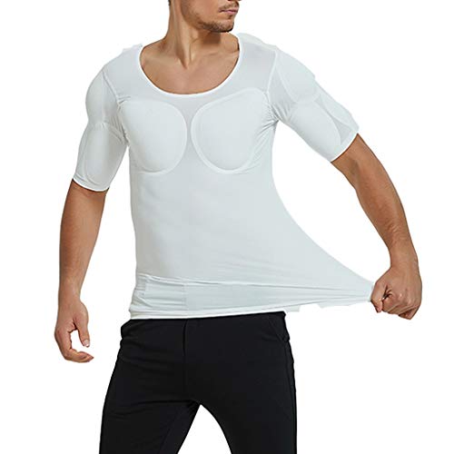 ZAYZ Camiseta de Pecho con Músculos Falsos para Hombre, Ropa Interior Acolchada de Hombros, Capa Base Invisible de Cuello Bajo, Fajas Moldeadoras de Manga Corta con Músculos Delgados