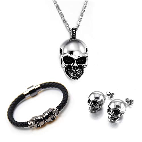 ZEEREE Cráneo Calavera Estilo Punk Acero Inoxidable Pendientes de Collar Pulsera Conjunto 3 piezas