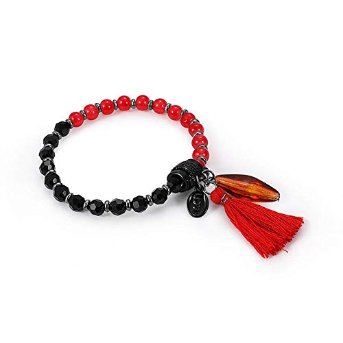 ZHBSS Diseño de combinación de Colores de Moda, Pulsera Colgante de Borla con Cuentas de Vidrio de Piedra Natural, Estilo Casual Urbano de 5,5 cm de diámetro, Negro y Rojo