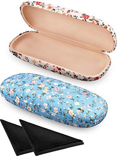 2 Piezas de Caja de Gafas Portátil Dura Estuche de Gafas Floral de Tela (Blanco, Azul)