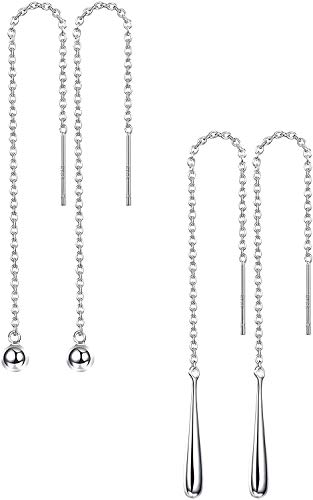 Adramata 2Pares de Plata Esterlina 925 Ball Drop Dangle Pendientes de Cadena Larga para Mujeres Niñas Threader Tassel Thread Earrings Setngs para Mujeres Niñas Set