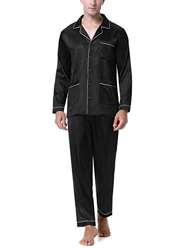 Aibrou Pijama Hombre Invierno, Conjunto de Pijama Seda Hombre Pijama de satén con Botones y Bolsillos, Pijama de Dos Piezas de Manga Largo Cómodo y Elegante, Adecuado para El Hogar y El Ocio, Negro, L