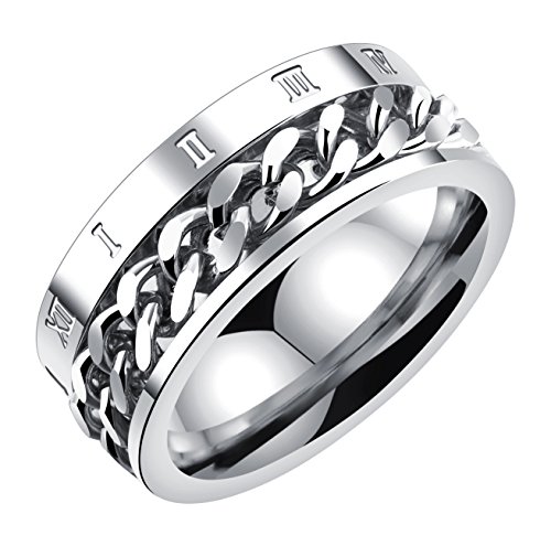 ALEXTINA Hombres 8MM Acero Inoxidable Hilandero CadenaAnillo Romano Número Anillo de Bodas Plata Talla 25