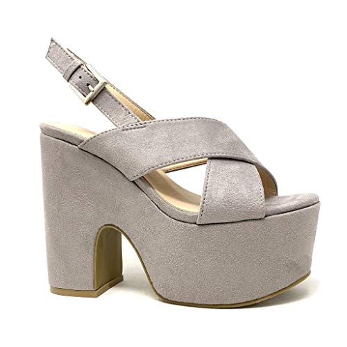 Angkorly - Zapatillas Moda Sandalias Mula Gran Plataforma La Noche Abierto Mujer Correas Cruzadas Tacón Ancho Alto 14 CM - Gris 8232-10 T 37